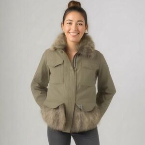 Anthropologie Saskia Utility Coat Size S Faux Fur‎ Zip & Snap Front Olive Green